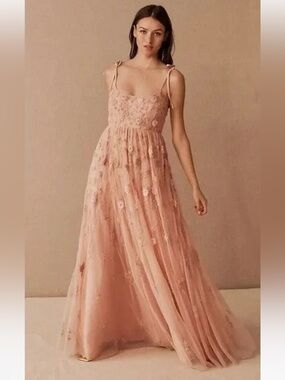 BHLDN Anthropologie Lacie Tulle Maxi Dress Floral beaded appliqués  Size 4 Green
